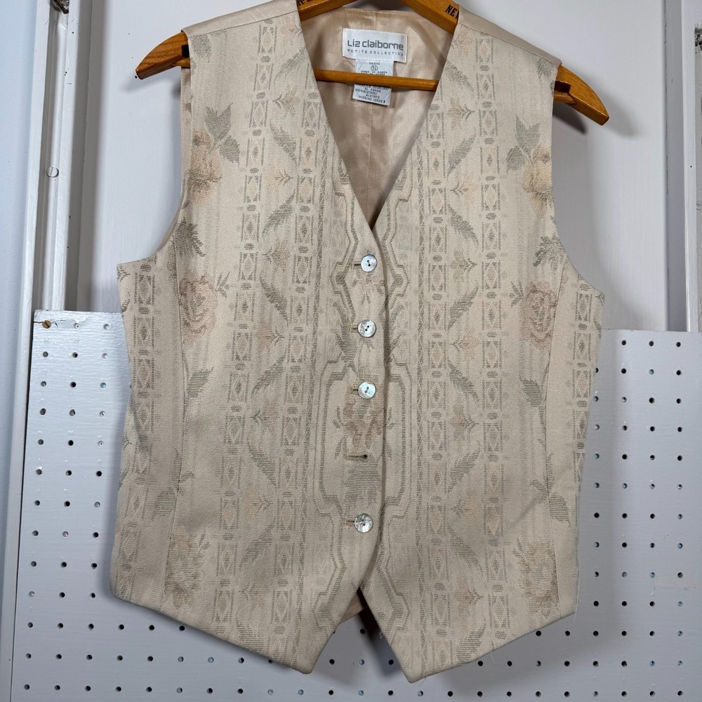 Liz Claiborne Tapestry Vest Women's Small Petite Cream Floral Vintage Retro